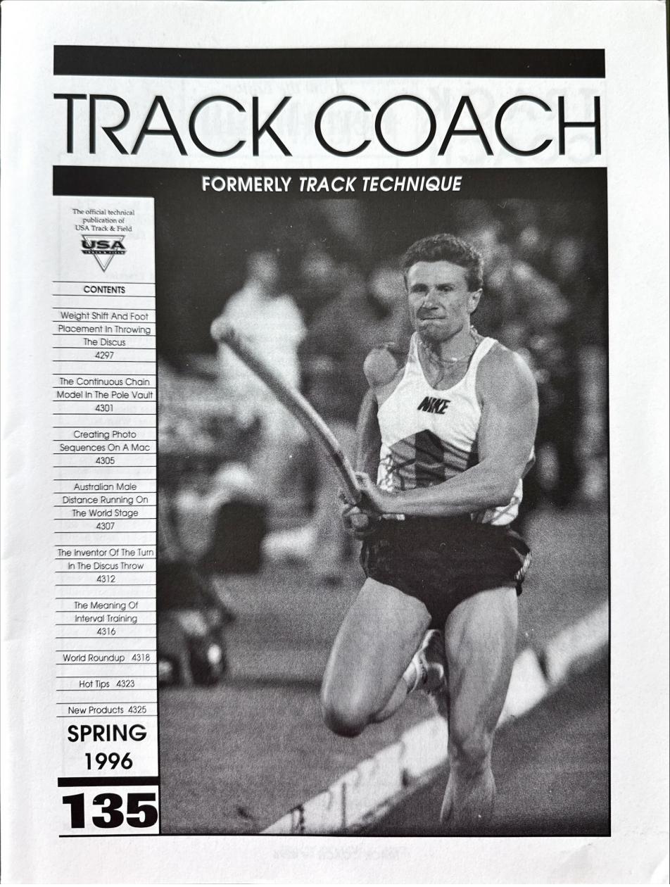 Title page, The Continuous Chain Model in the Pole Vault, Track Coach No. 135, Spring 1996